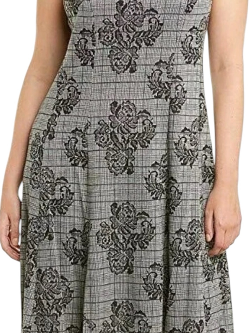London Style Gray Plaid Midi Dress with Black Floral Overlay L340